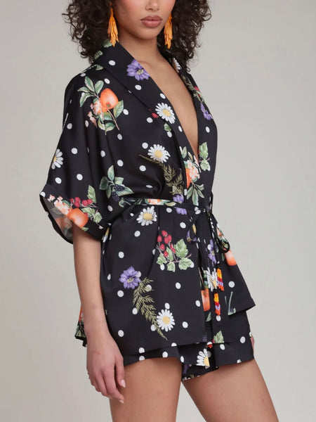 Floral Polka Dot Satin Kimono Top in Black