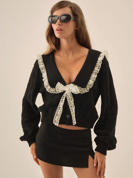 Frenchy Pointelle Knit Cardigan in Black