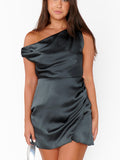 Jodie Mini Dress in Gunmetal Hammered Satin