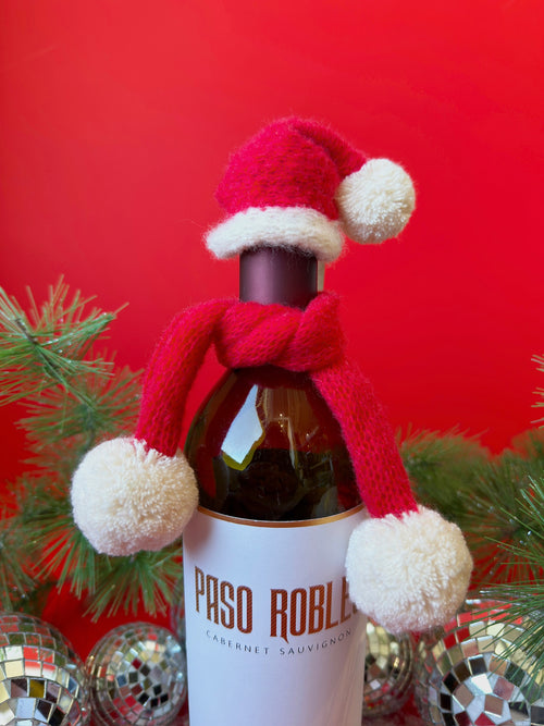 Bottle Hat & Scarf in Red & White Pom