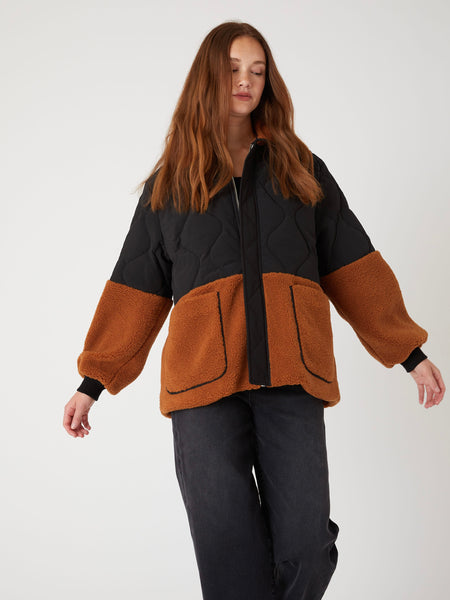 Toasty Vibes Sherpa Jacket in Black & Rust