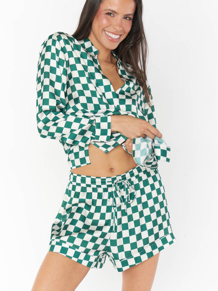 Early Riser PJ Set in Green Checker Silky