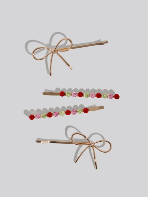 Holiday Gemstone & Bow Bobby Pins 4pc Set