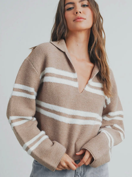 Crop & Roll Sweater in Taupe & Ivory