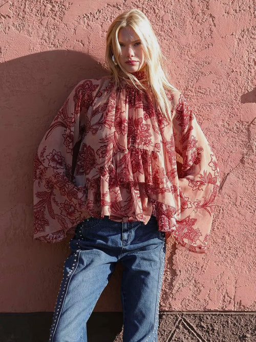 Tapestry Print Chiffon Ruffle Blouse in Batik Tapestry
