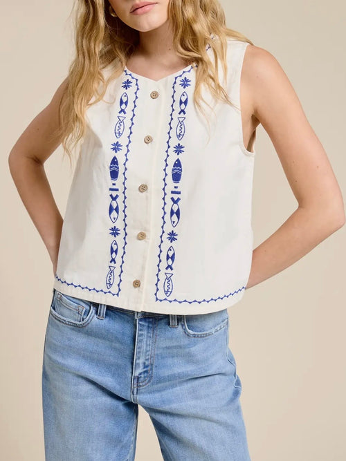 Sea Garden Embroidery Tank in White