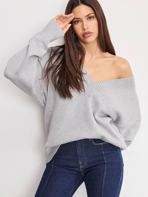 Knit Deep V Sweater in Melange Grey