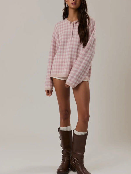 Get With Gingham Henley Sweater in Pink