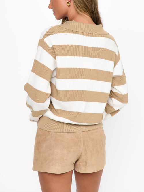 League Sweater in Beige Rugby Stripe Knit