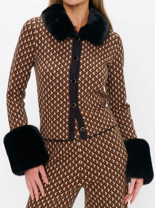 Chateau Cardigan in Camel Geo Knit Faux Fur