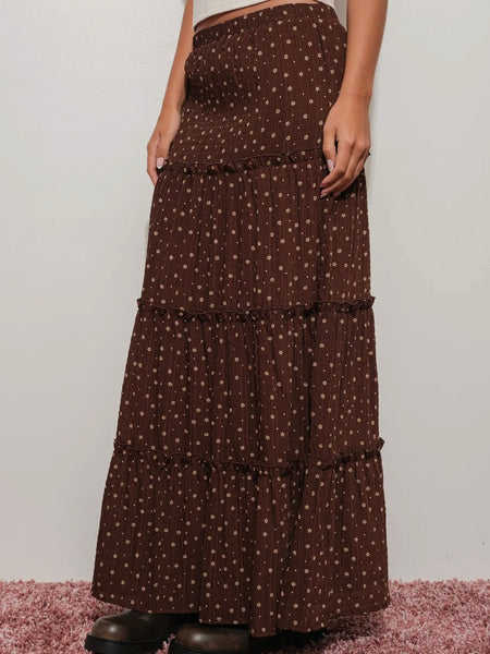 Gigi Floral Tiered Maxi Skirt in Brown