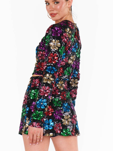 Last Call Top in Flower Pop Multi Sequins