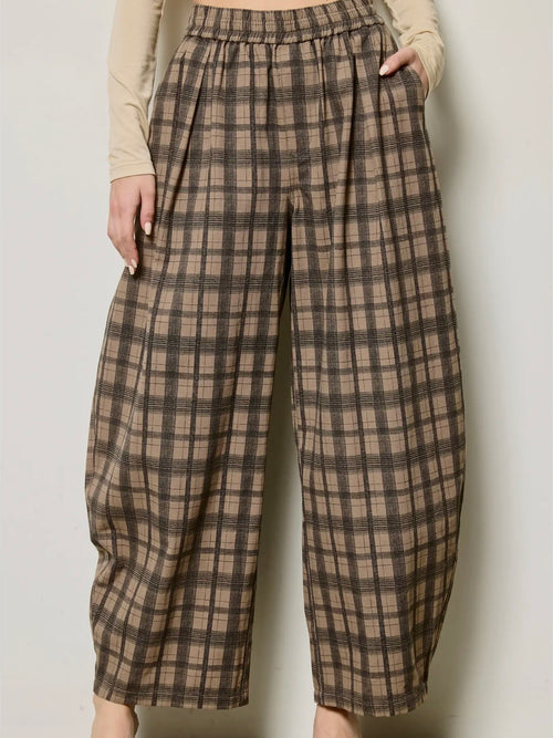 Pursuing Plaid Barrel Pants in Brown
