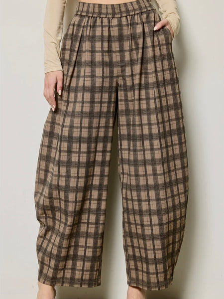Pursuing Plaid Barrel Pants in Brown