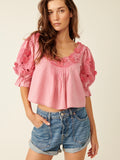 Sophie Embroidered Top in Hot Pink