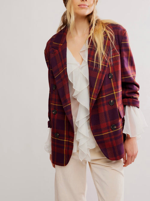 Dean Double Breasted Blazer in Plum Combo