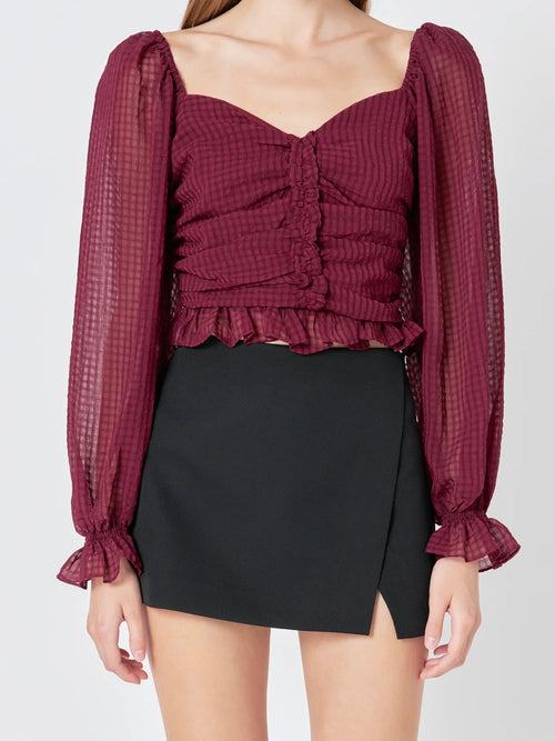 Girly In Gingham Blouse in Maroon