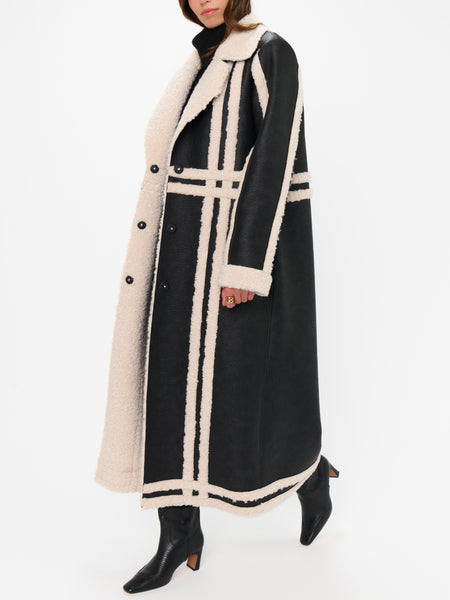 Swiss Alps Coat in Black Faux Leather & Sherpa