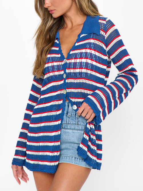 Button Up Cover Up in Montauk Stripe Crochet