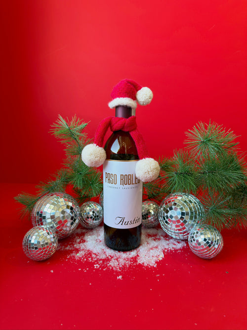 Bottle Hat & Scarf in Red & White Pom