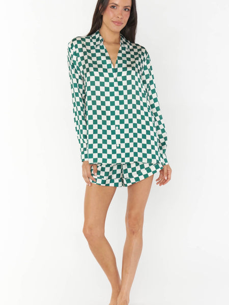 Early Riser PJ Set in Green Checker Silky