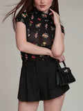 Floral Mesh Mock Neck Top in Black