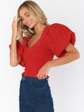 Rom Com Top in Red Texture Stretch