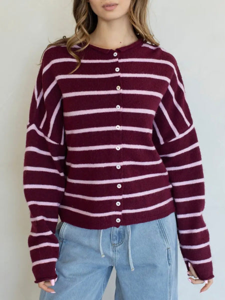 Piper Cabana Stripe Cardigan in Wine & Pink