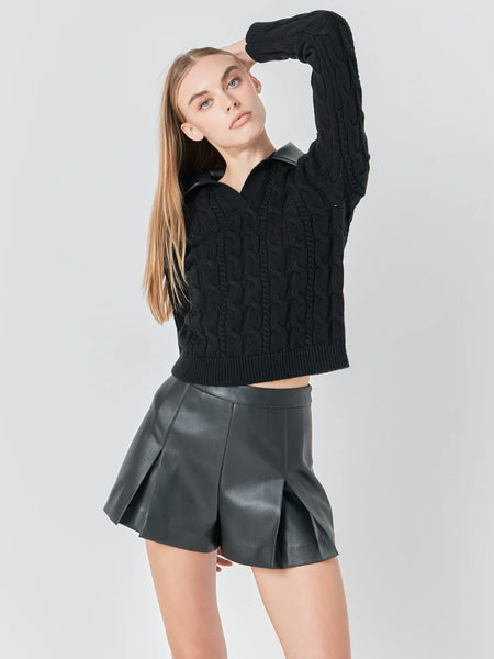 Preppy Meets Pleather Sweater in Black