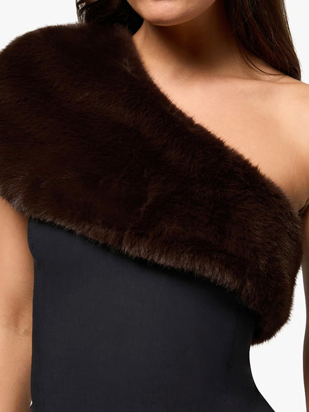 Faux Fur One Shoulder Mini in Black & Brown