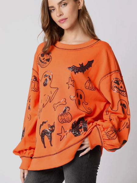 Spooky, Scary, Sequin Sweatshirt in Orange