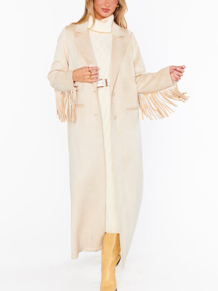 Sierra Fringe Maxi Jacket in Cream Faux Suede