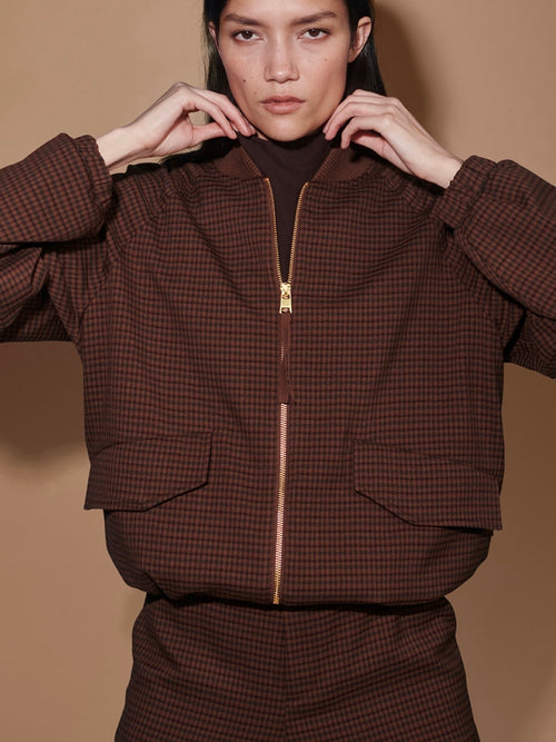 Keagan Short Blouson Jacket in Dark Cocoa Mini Check