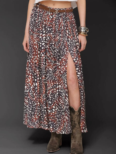 Belted Cheetah Print Maxi Skirt in Brown