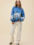 Alpine Ski Scene Oversized Crew Sweatshirt in Denim