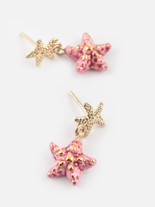 Gold & Pink Starfish Pendant Earrings