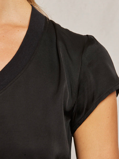 Delphine Satin Crew Neck Tee in True Black