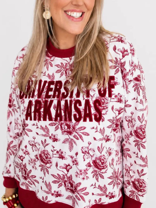 Arkansas Floral Toile Sweatshirt in White & Red