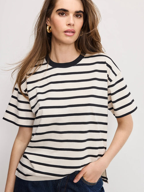 Cotton Oversized Tee in Black & Ecru Stripe
