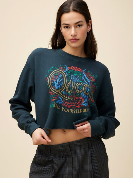 Queen Keep Yourself Alive Cut Off Sweatshirt in Vintage Black