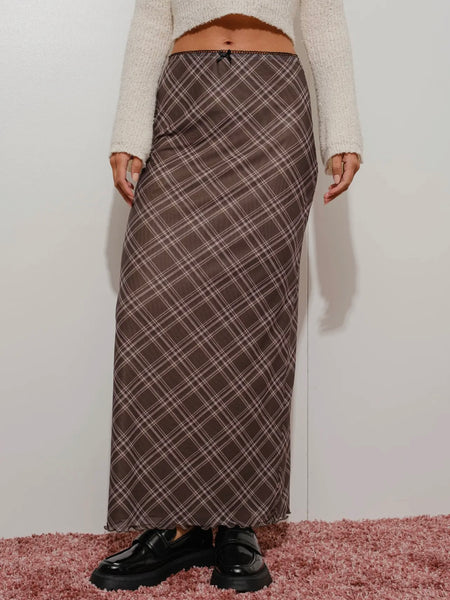 Brown plaid maxi skirt best sale