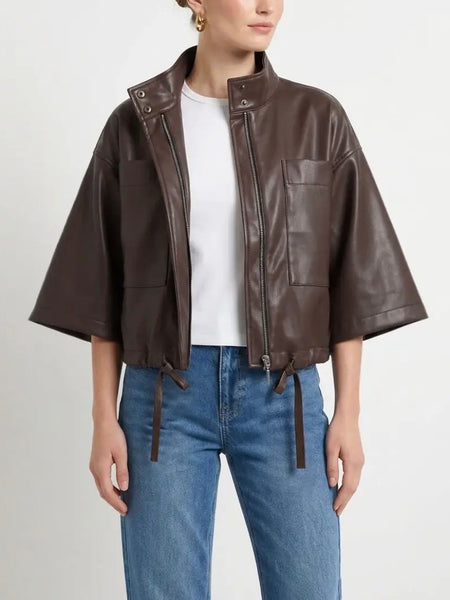 Vivianne Faux Leather Cape in Chocolate