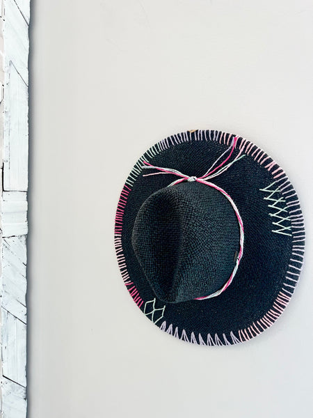 Stitched Up Straw Panama Hat in Black