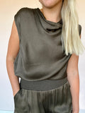 Sleeveless Draped Turtleneck Blouse in Army