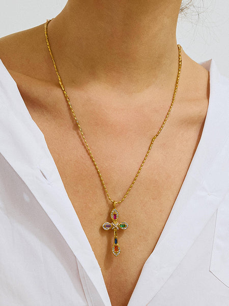 Axelle CZ Cross Necklace in Multi