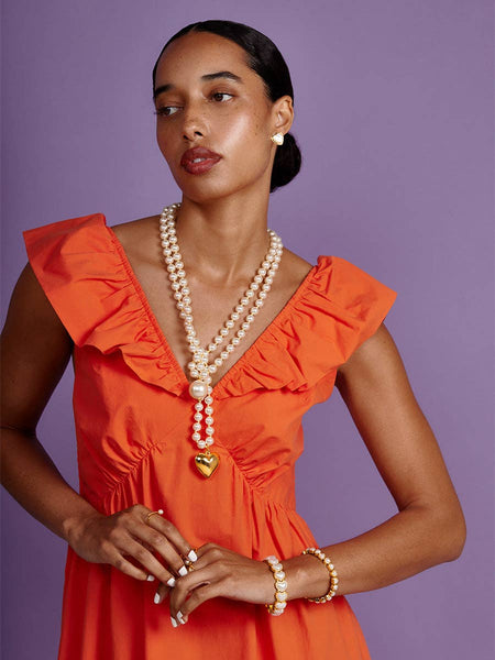 Puffed Heart Pearl Lariat Necklace in Pearl