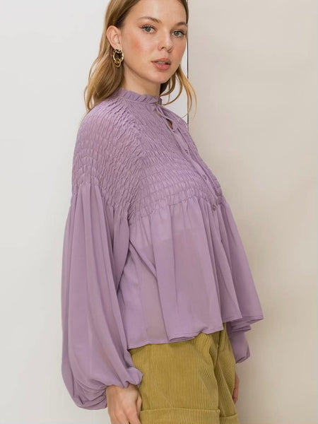 She's Elegant Smocked Blouse in Lavender
