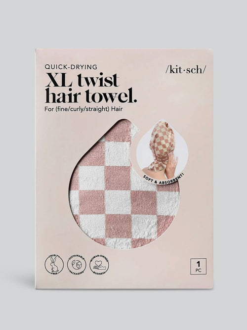 Extra Large Quick Dry Hair Towel Wrap in Terracotta Checker