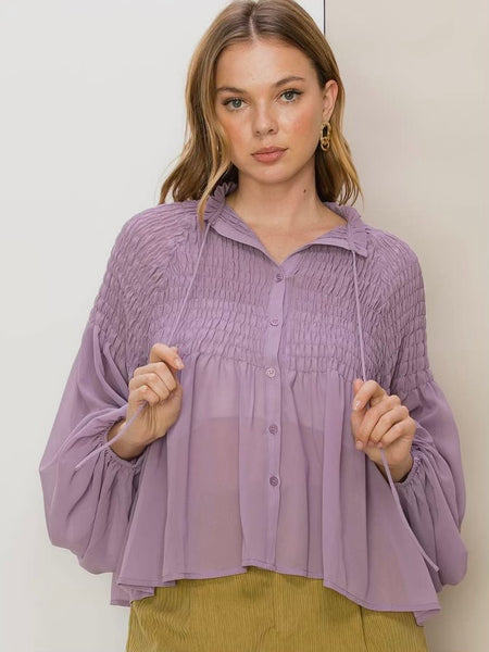 She's Elegant Smocked Blouse in Lavender