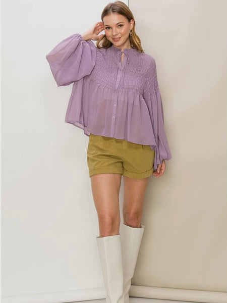 She's Elegant Smocked Blouse in Lavender